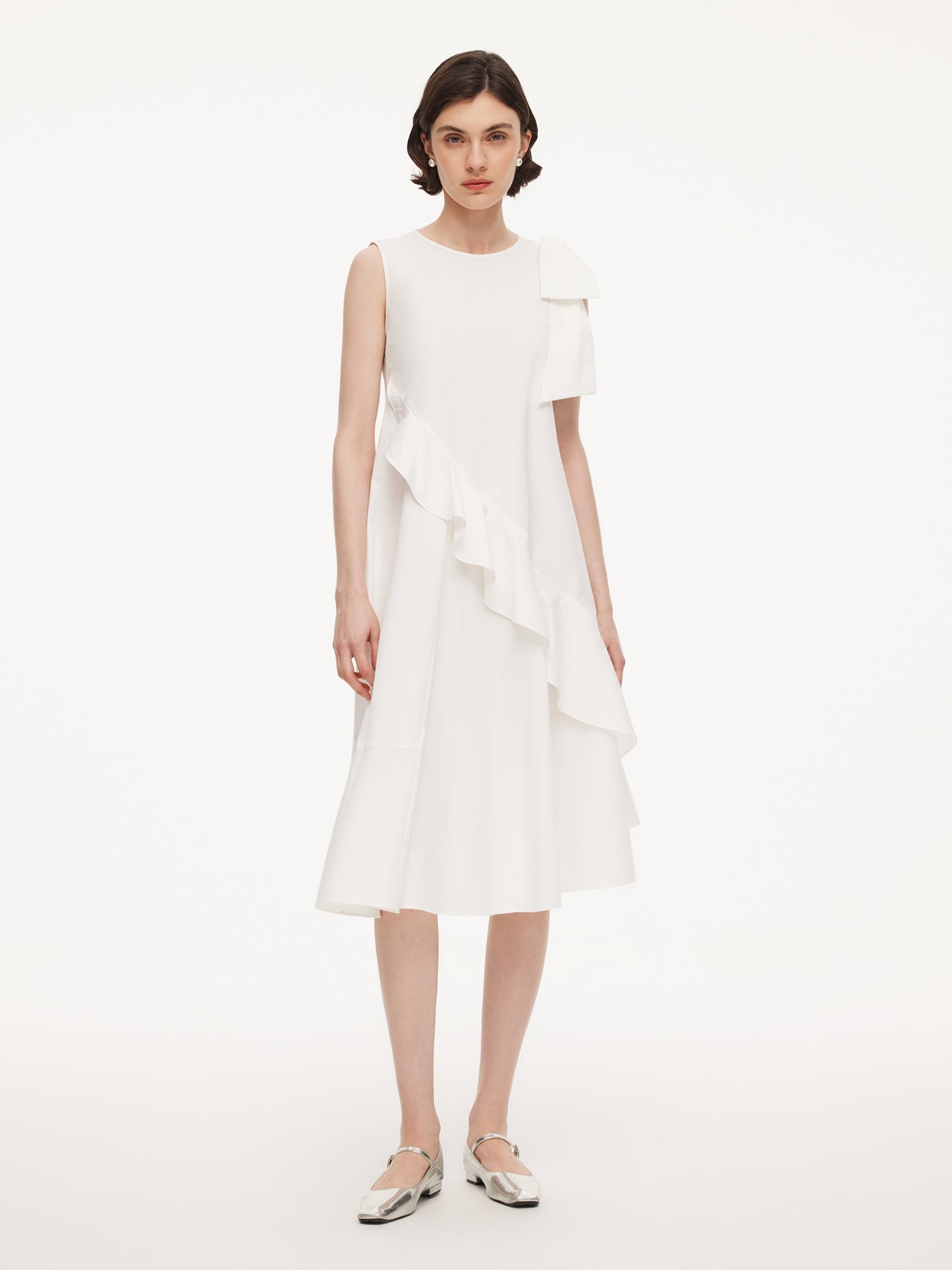 Ruffle Sleeveless Women Midi Dress With Detachable Bowknot