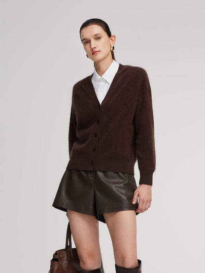 100% Brushed Wool V-Neck Women Cardigan