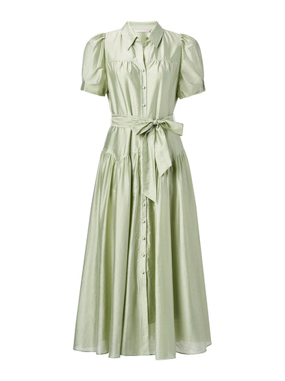 Tencel Blend Puff Sleeve Women Belted Maxi Shirt Dress