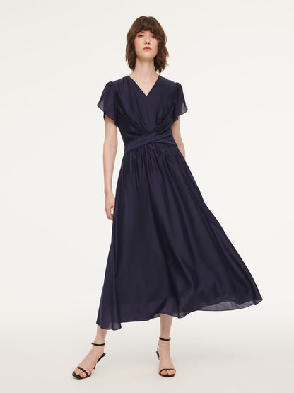 Tencel Blend Twist Front V-Neck Women Maxi Dress