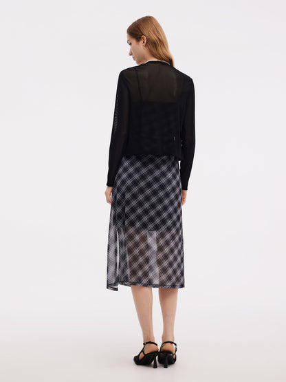 Plaid Adjustable Straps Slip Midi Dress And Cardigan Two-Piece Set