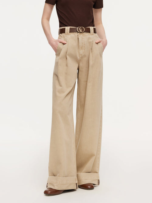 Cotton Denim Straight Wide Leg Women Folded Jeans With Belt