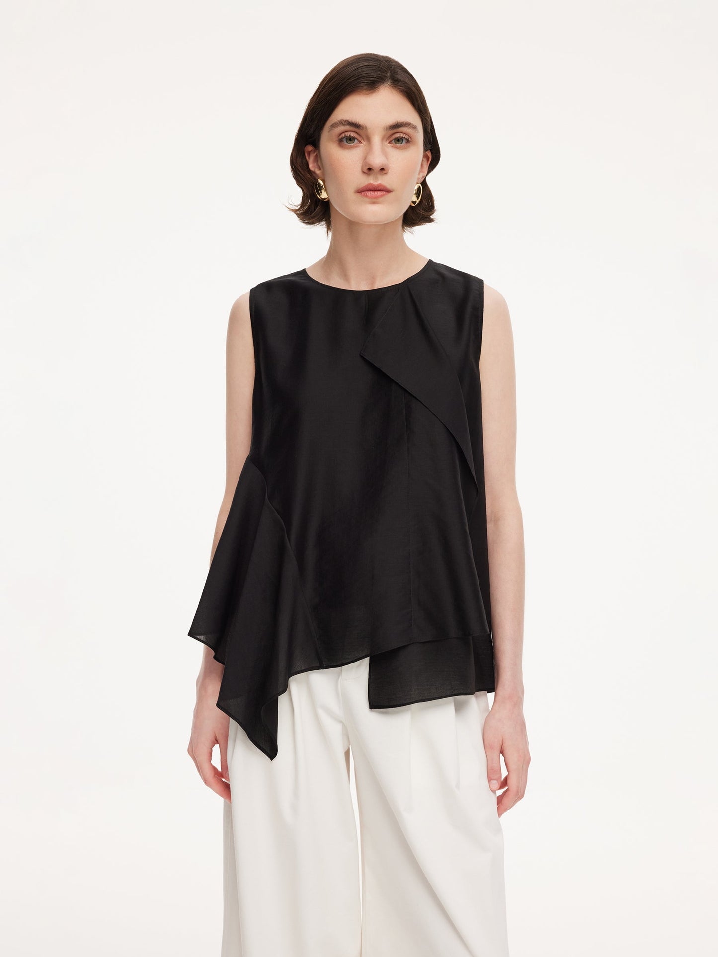 Lyocell Blend Black Ruffle-Detailing Women Tank Top