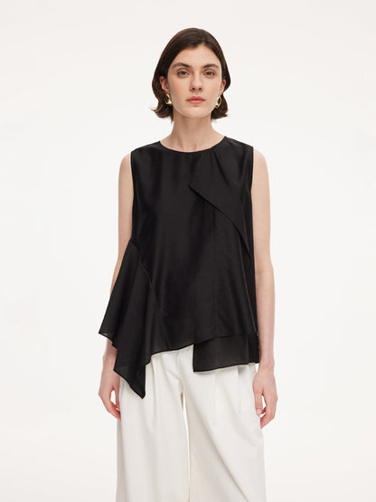 Lyocell Blend Black Ruffle-Detailing Women Tank Top