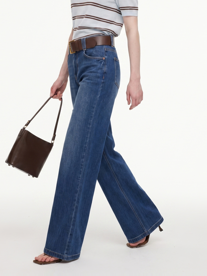 Lyocell Blend Denim Women Flared Palazzo Jeans With Belt