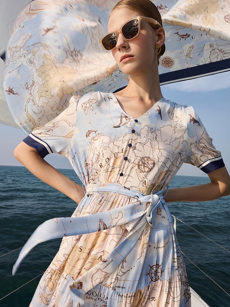 19 Momme Silk Map Print Midi Dress