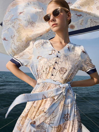 19 Momme Silk Map Print Midi Dress