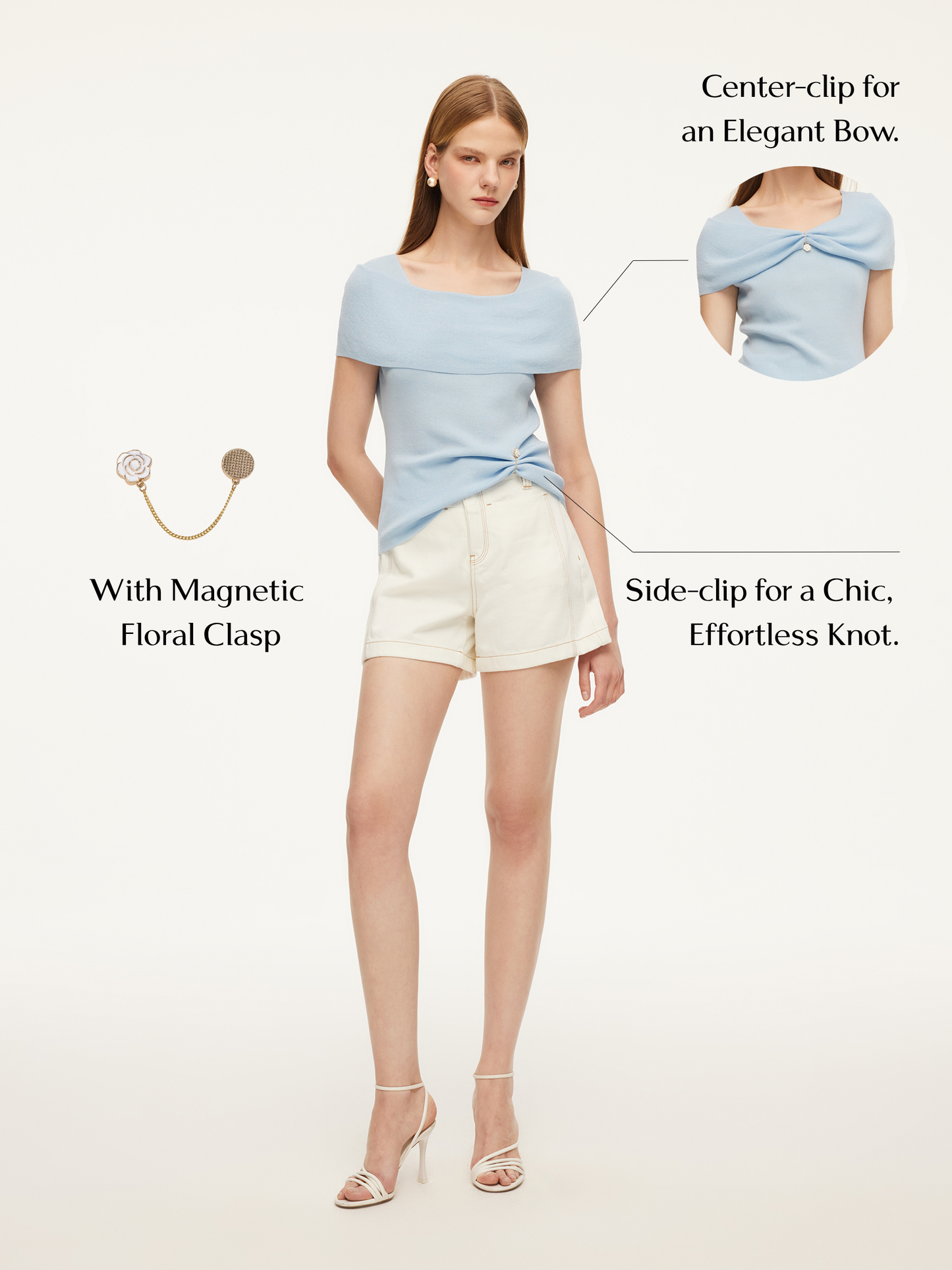 Lyocell Blend Off Shoulder Women Knit Top With Detachable Magnetic Flower
