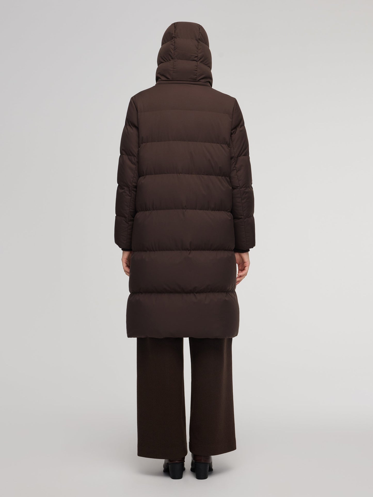H-Line Knit Collar Long Goose Down Coat With Detachable Hood