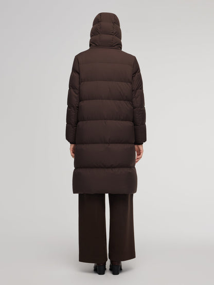H-Line Knit Collar Long Goose Down Coat With Detachable Hood
