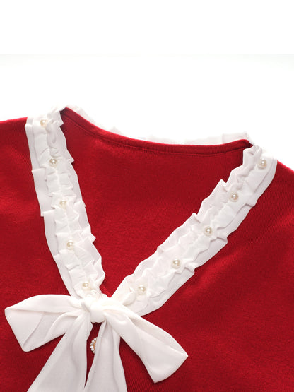 Knit Top And Velvet Pleated Skirt Two-Piece Set With Detachable Ribbon
