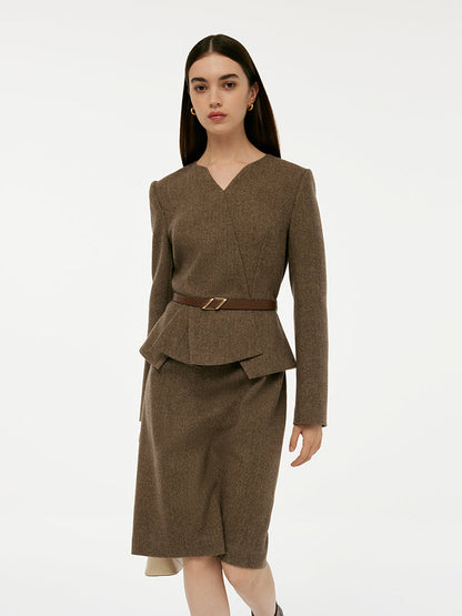 Washable Wool Faux-Layered Women Mini Dress With Belt