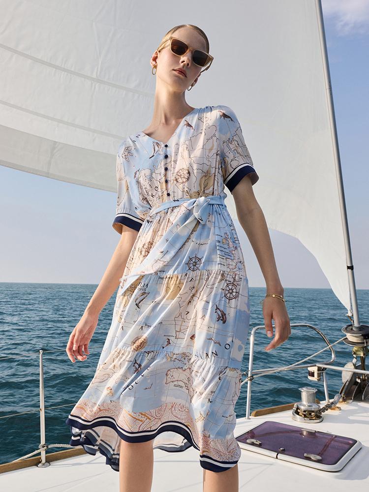 19 Momme Silk Map Print Midi Dress