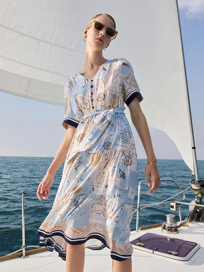 19 Momme Silk Map Print Midi Dress