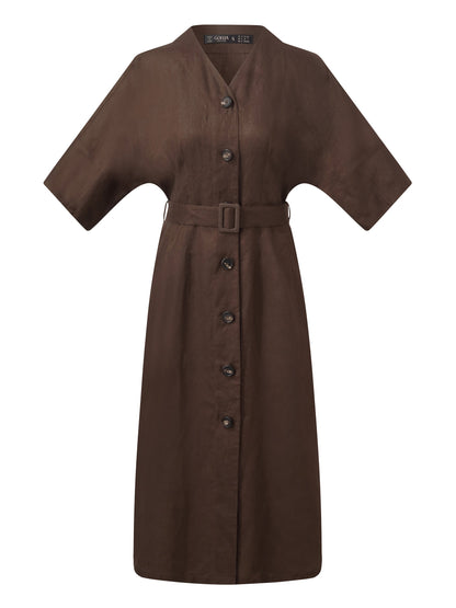 100% Linen Women V-Neck Midi Dress With Belt