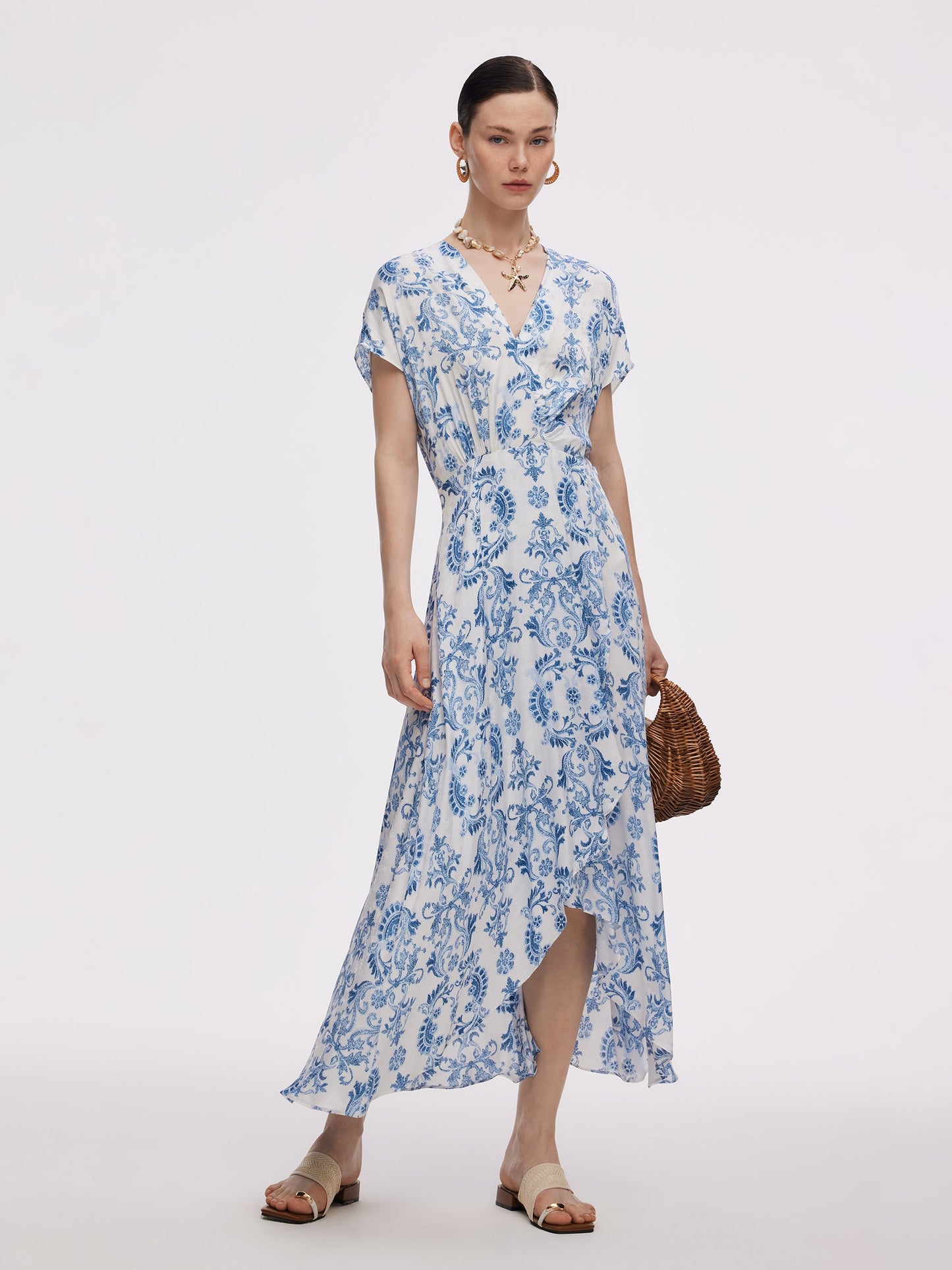 Floral Print Asymmetric Hem Women V-Neck Maxi Dress