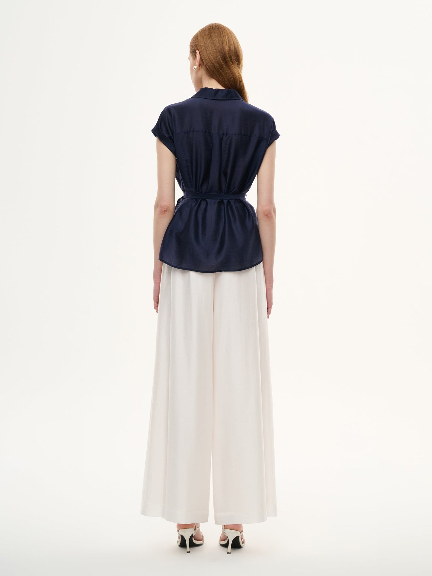 Pre-Order Tencel Blend Belted Blouse And Pants Two-Piece Set