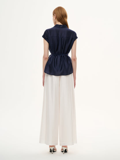 Pre-Order Tencel Blend Belted Blouse And Pants Two-Piece Set