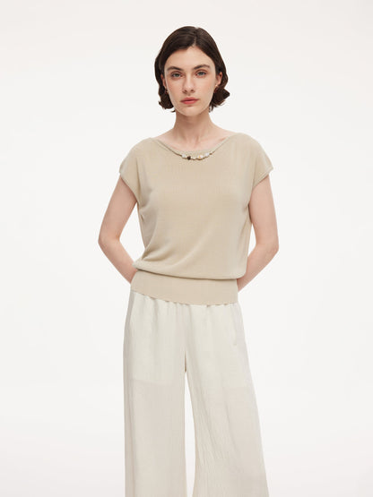 Tencel Mulberry Silk Blend Women Knit Top With Detachable Necklace