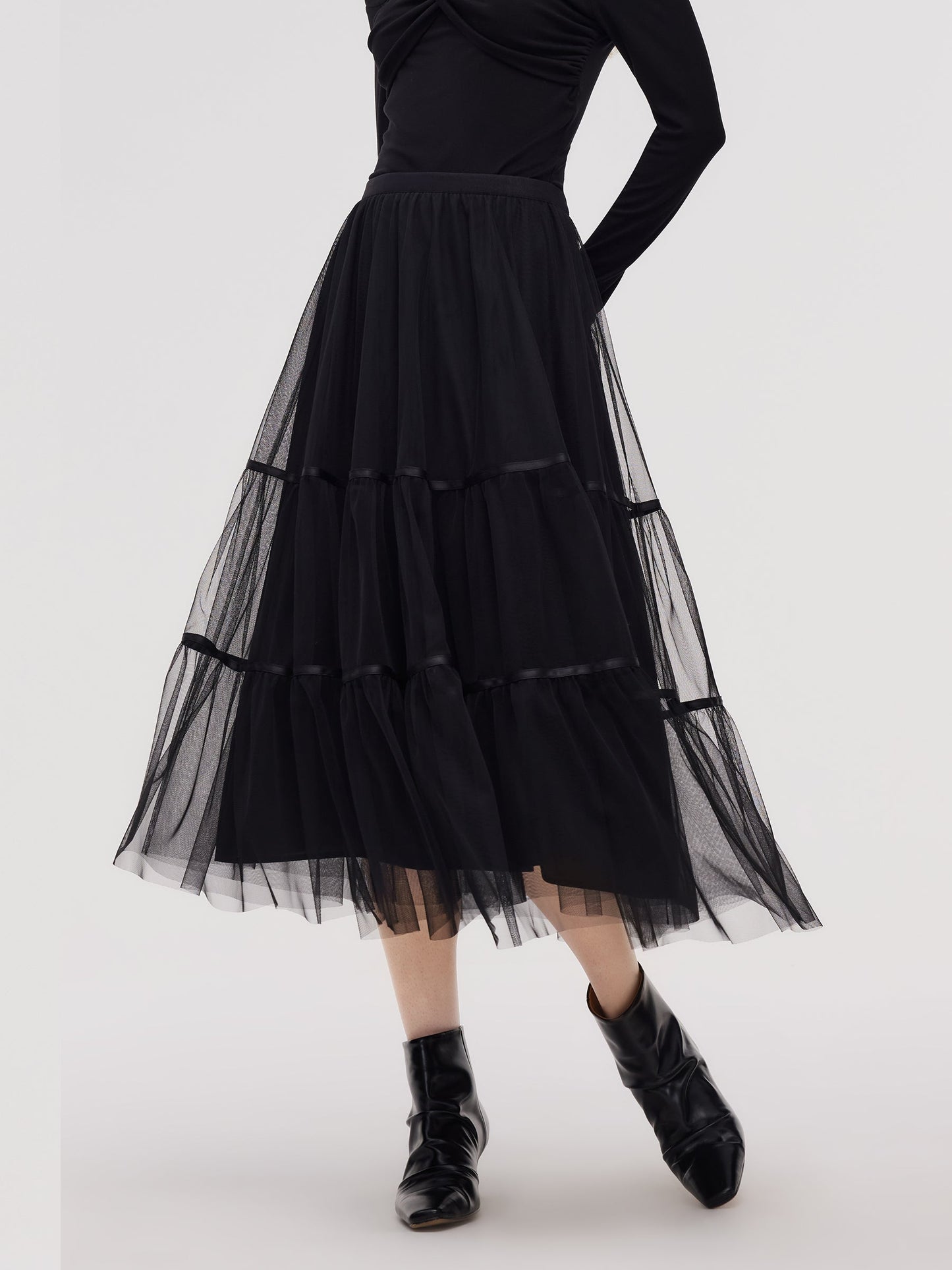 Mesh Tiered Women Elastic Waist Skirt