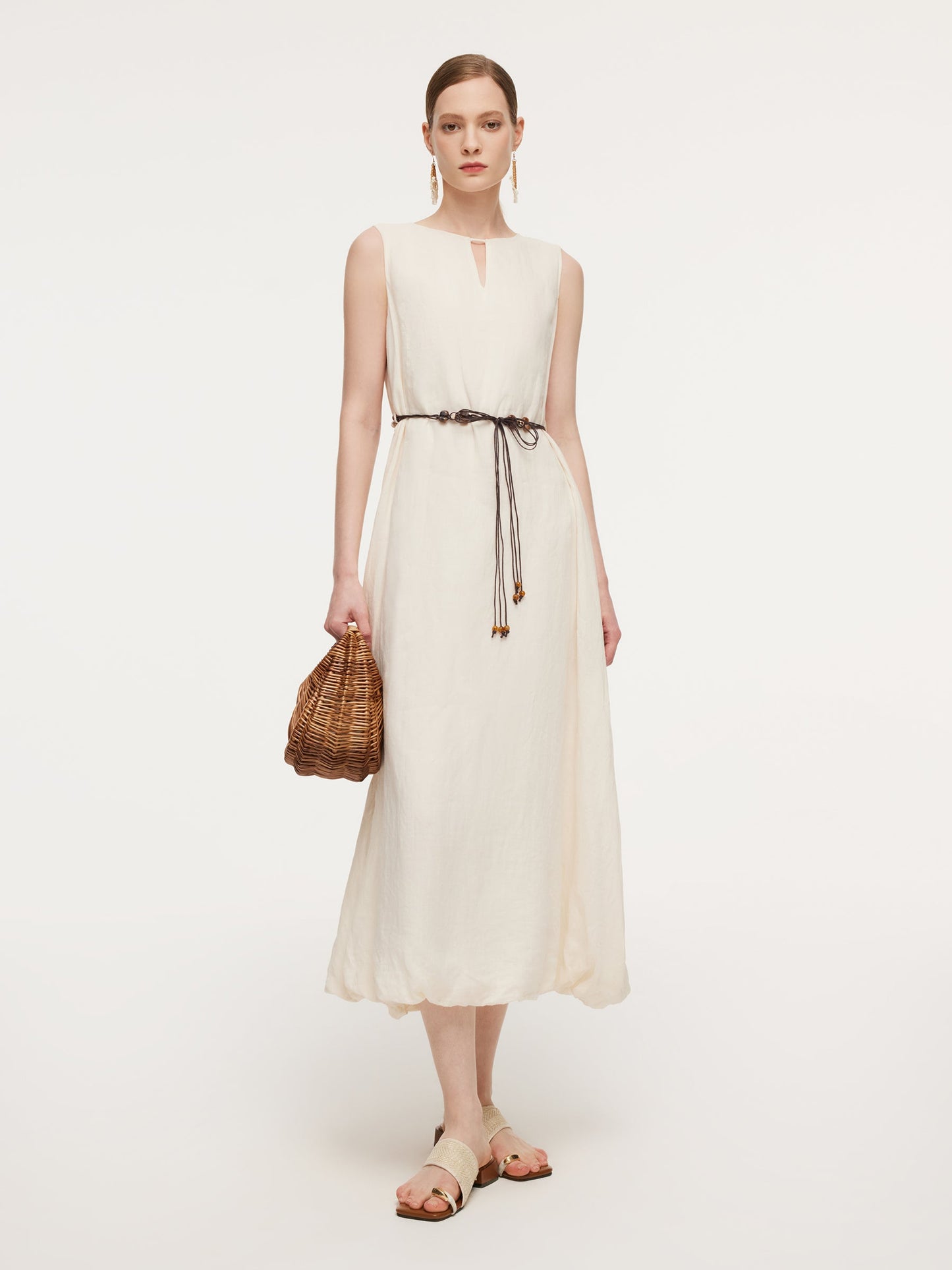 100% Ramie Bubble Hem Women Sleeveless Maxi Dress With Tie String Belt
