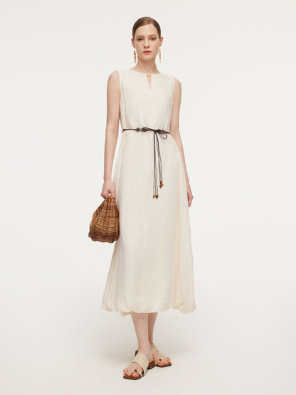 100% Ramie Bubble Hem Women Sleeveless Maxi Dress With Tie String Belt