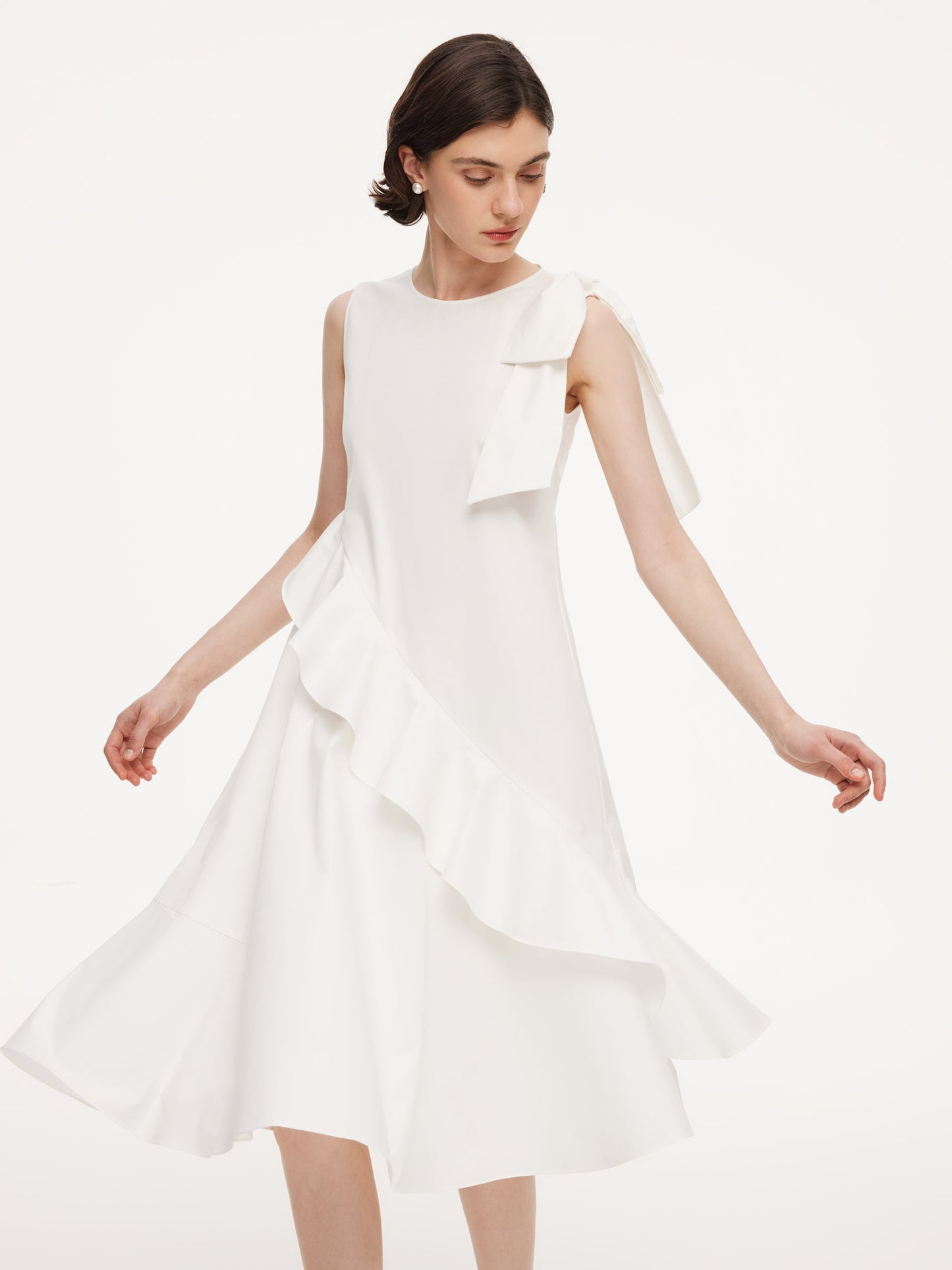 Ruffle Sleeveless Women Midi Dress With Detachable Bowknot