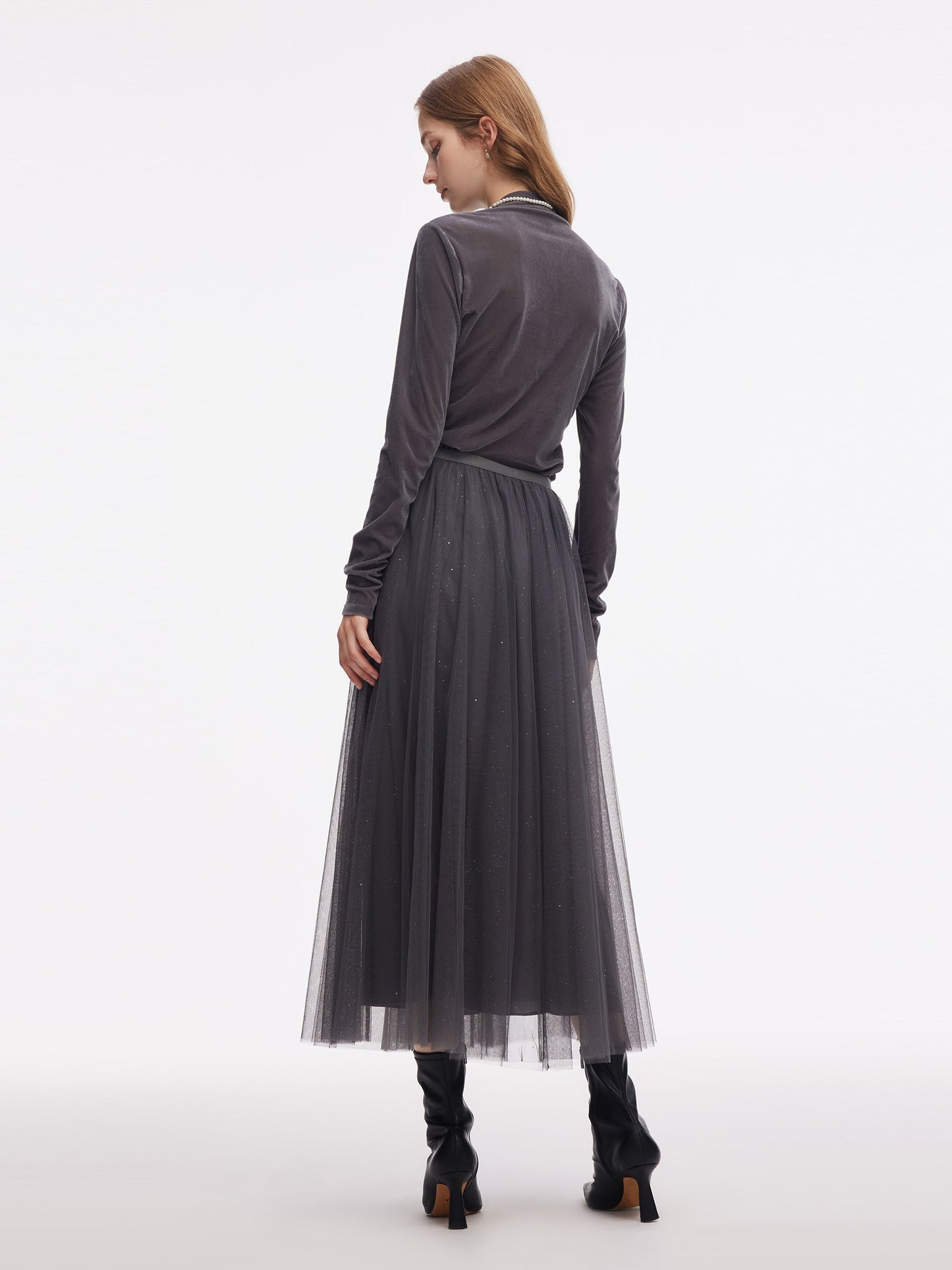 Mesh Elastic Waist Sequins Pleated Women Skirt