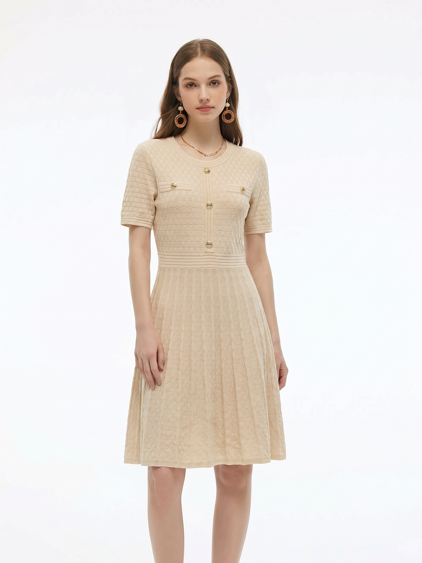 Tencel Blend Gathered Waist Women Textured Midi Dress