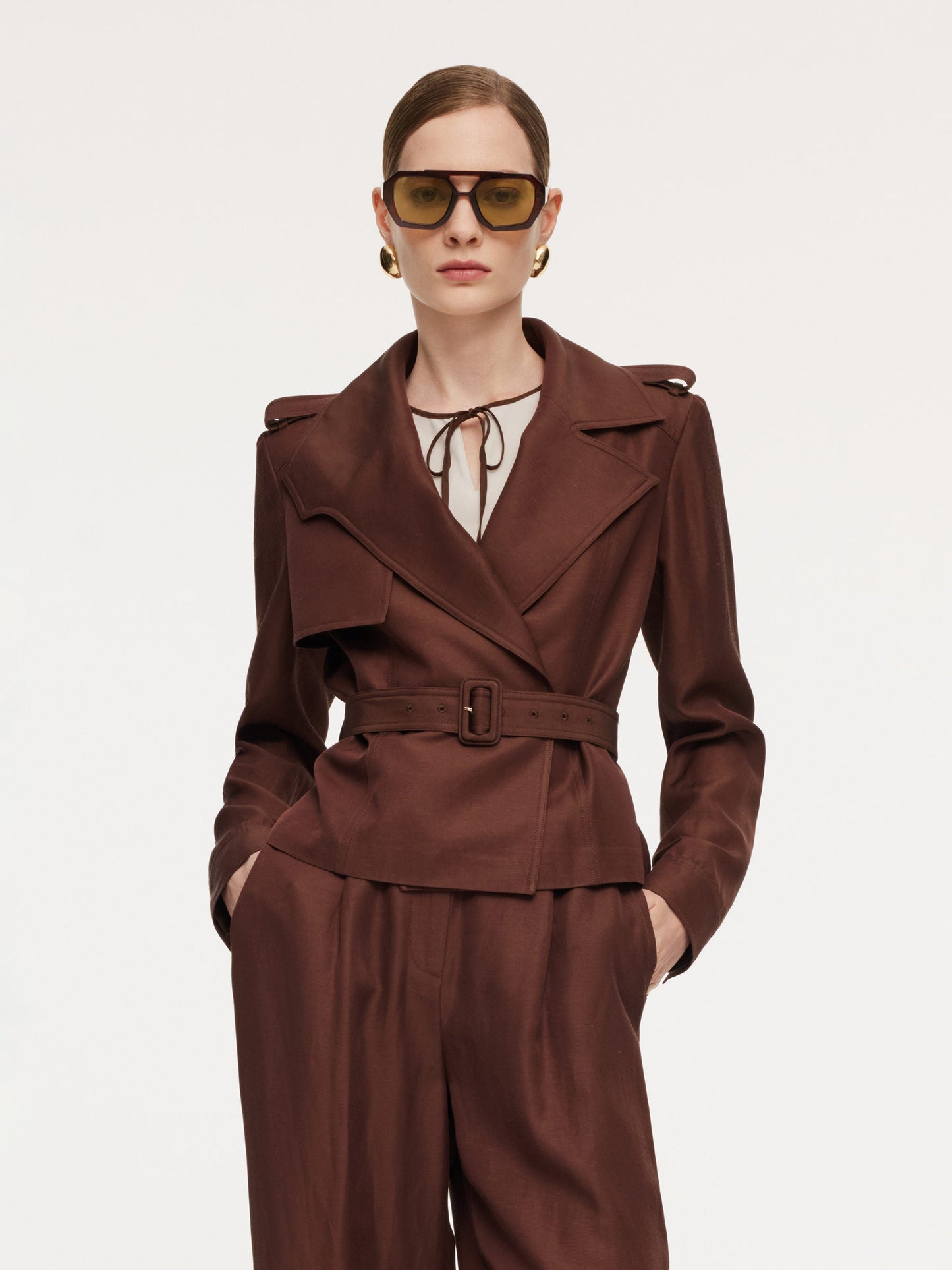 Tencel Acetate Linen Blend Women Trench Jacket With Belt