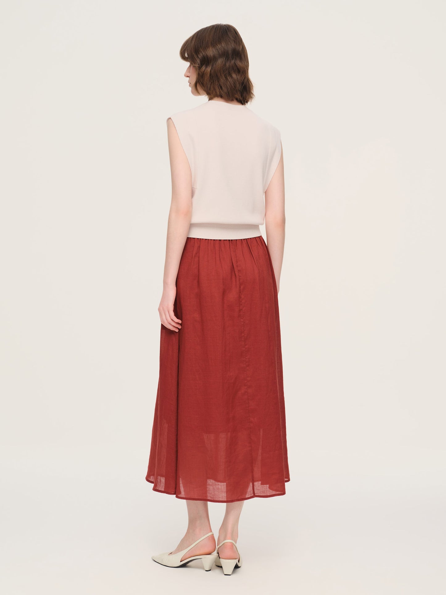 Cap Sleeve Knit Tank Top And 100% Ramie Skirt Two-Piece Set With Silk Scarf