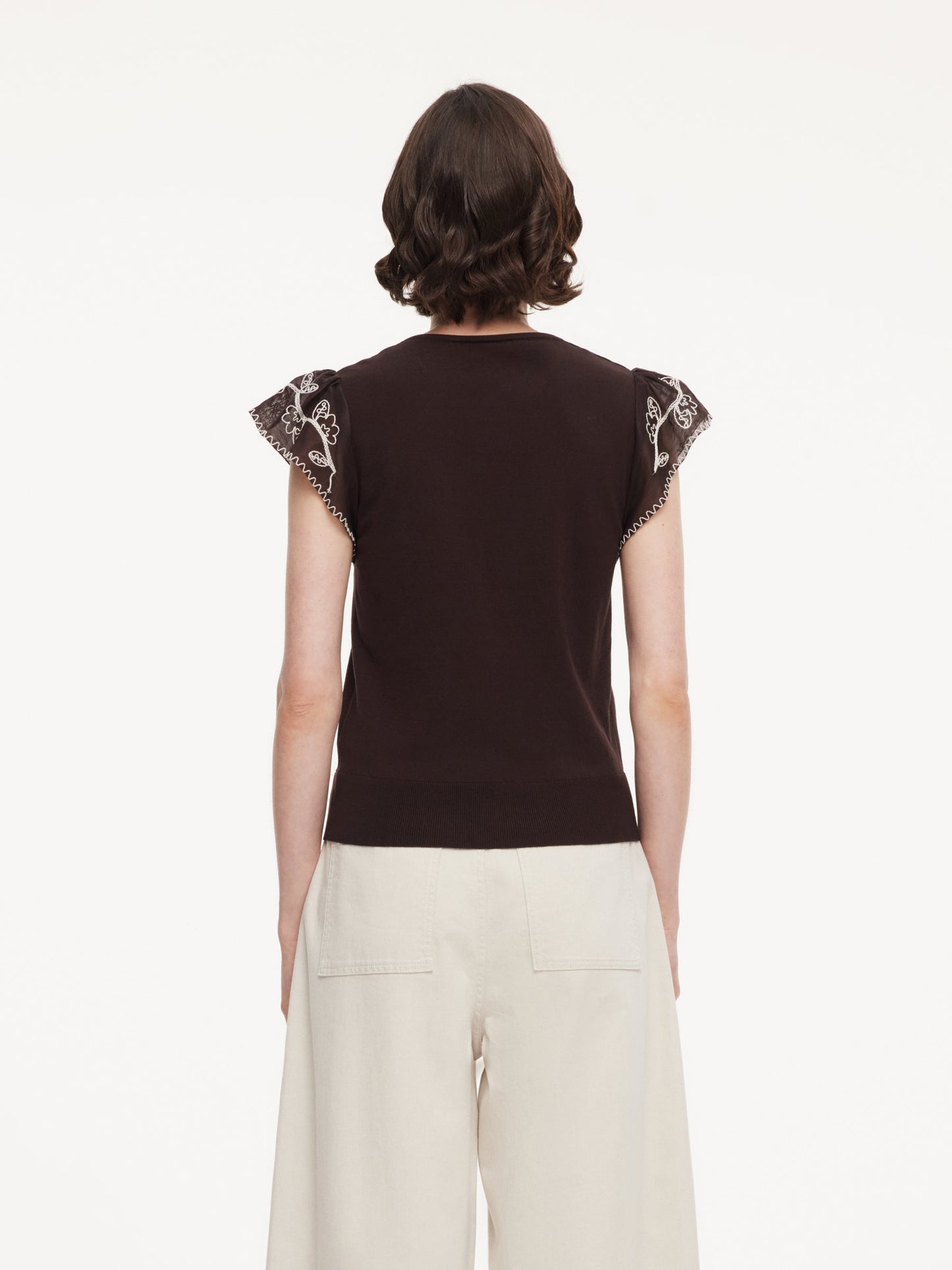 Lyocell Blend V-Neck Women Embroidered Sleeve Knit Top