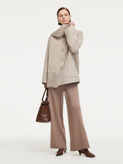 Cashmere Wool Blend Women Coat With Fringe Scarf