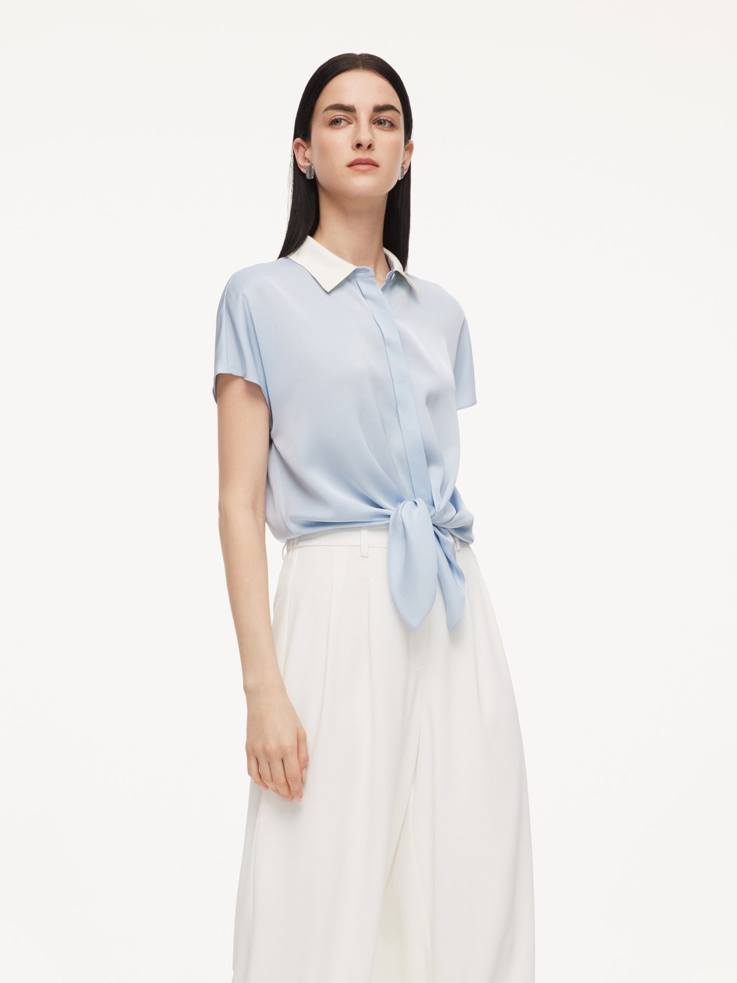 22MM Mulberry Silk Contrast Collar Tie Front Women Shirt