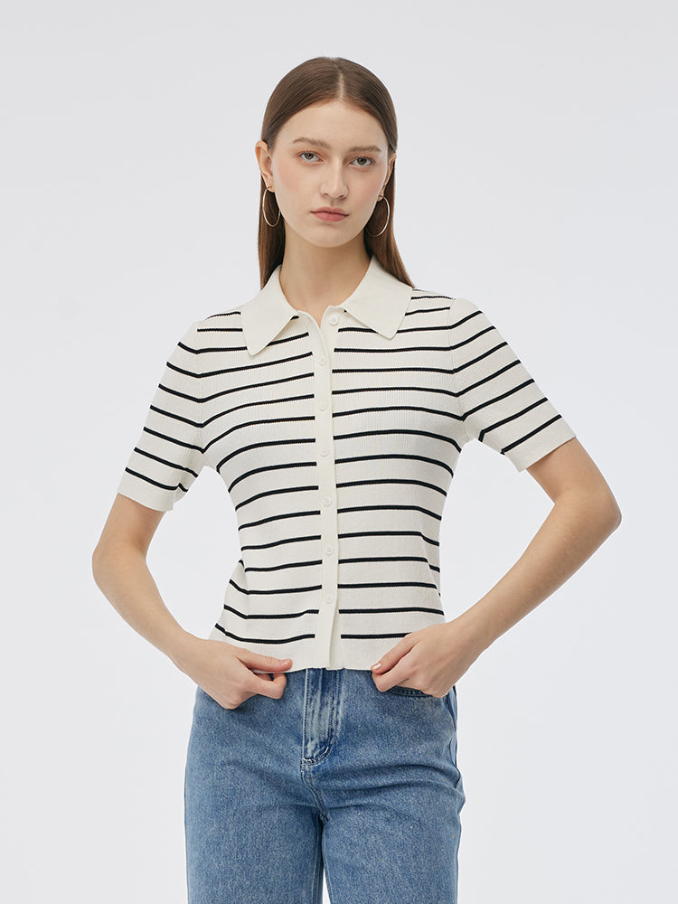 Tencel Stripe Women Short Sleeve Cardigan