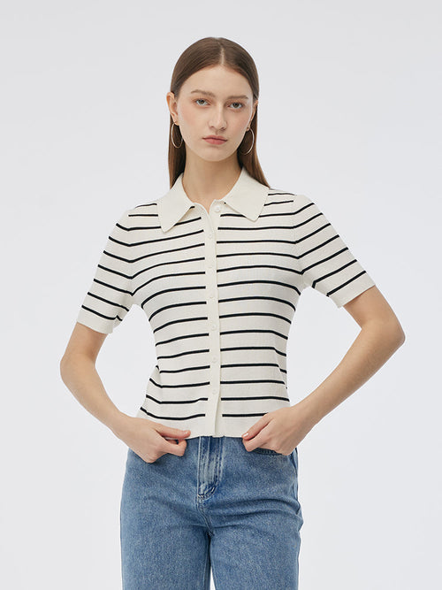 Tencel Stripe Women Short Sleeve Cardigan