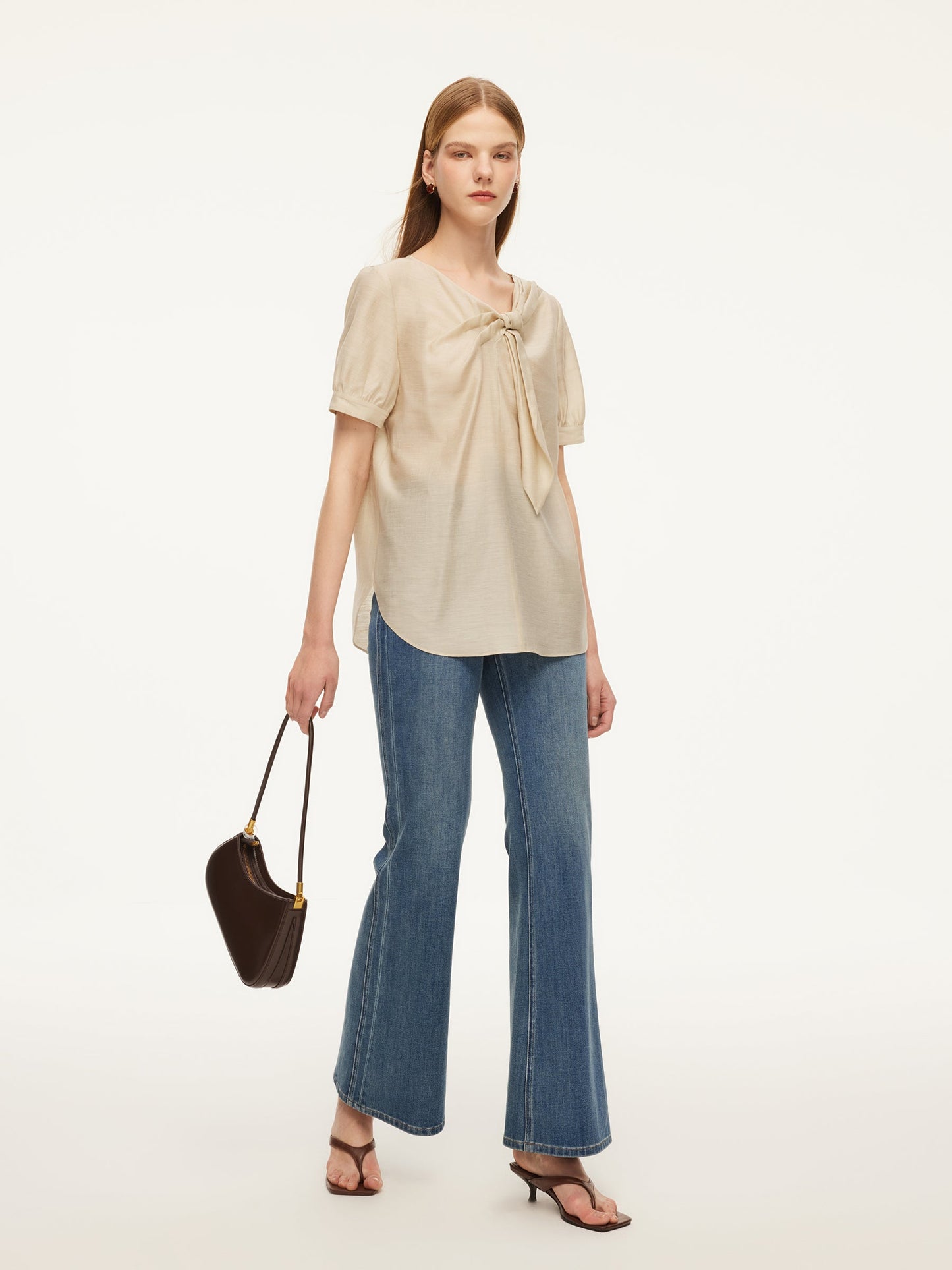 Tencel Acetate Linen Blend Tie Neck Women Blouse