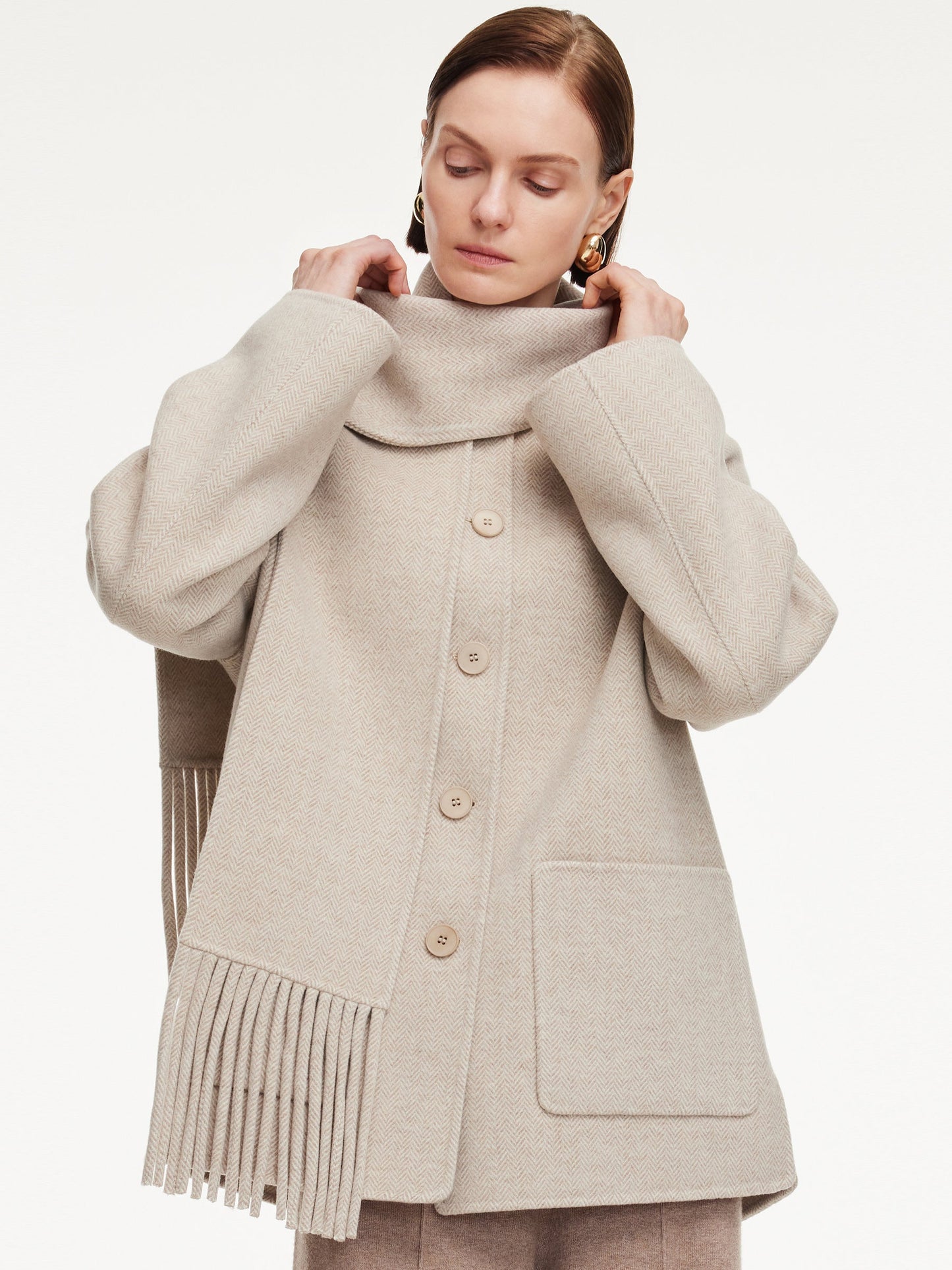 Cashmere Wool Blend Women Coat With Fringe Scarf