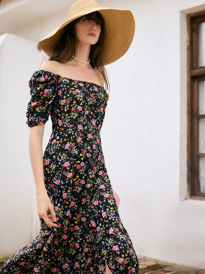 Mulberry Silk Rose Print Women Maxi Dress