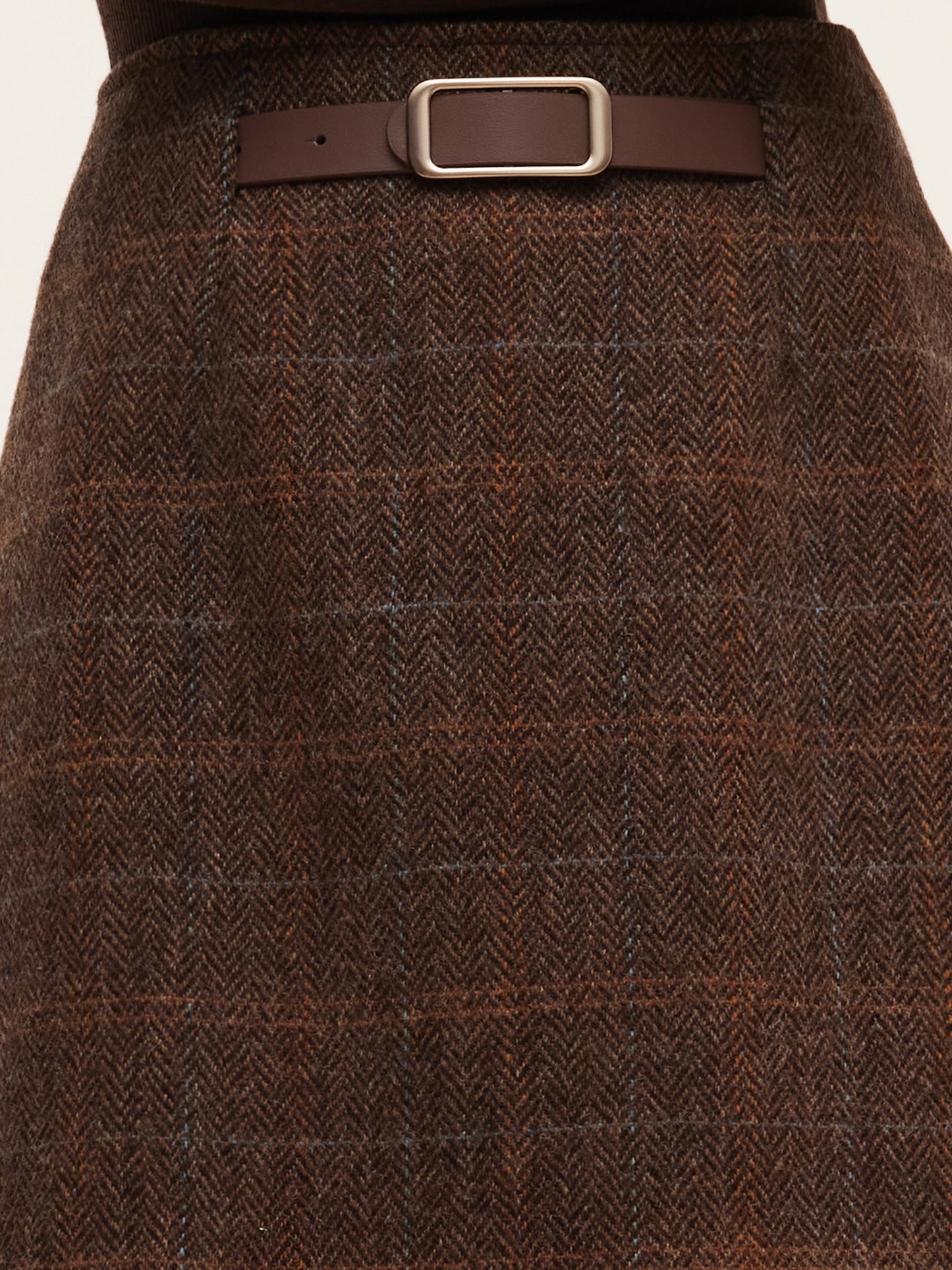100% Wool Plaid Women Skirt With Leather Belt
