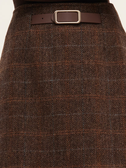 100% Wool Plaid Women Skirt With Leather Belt