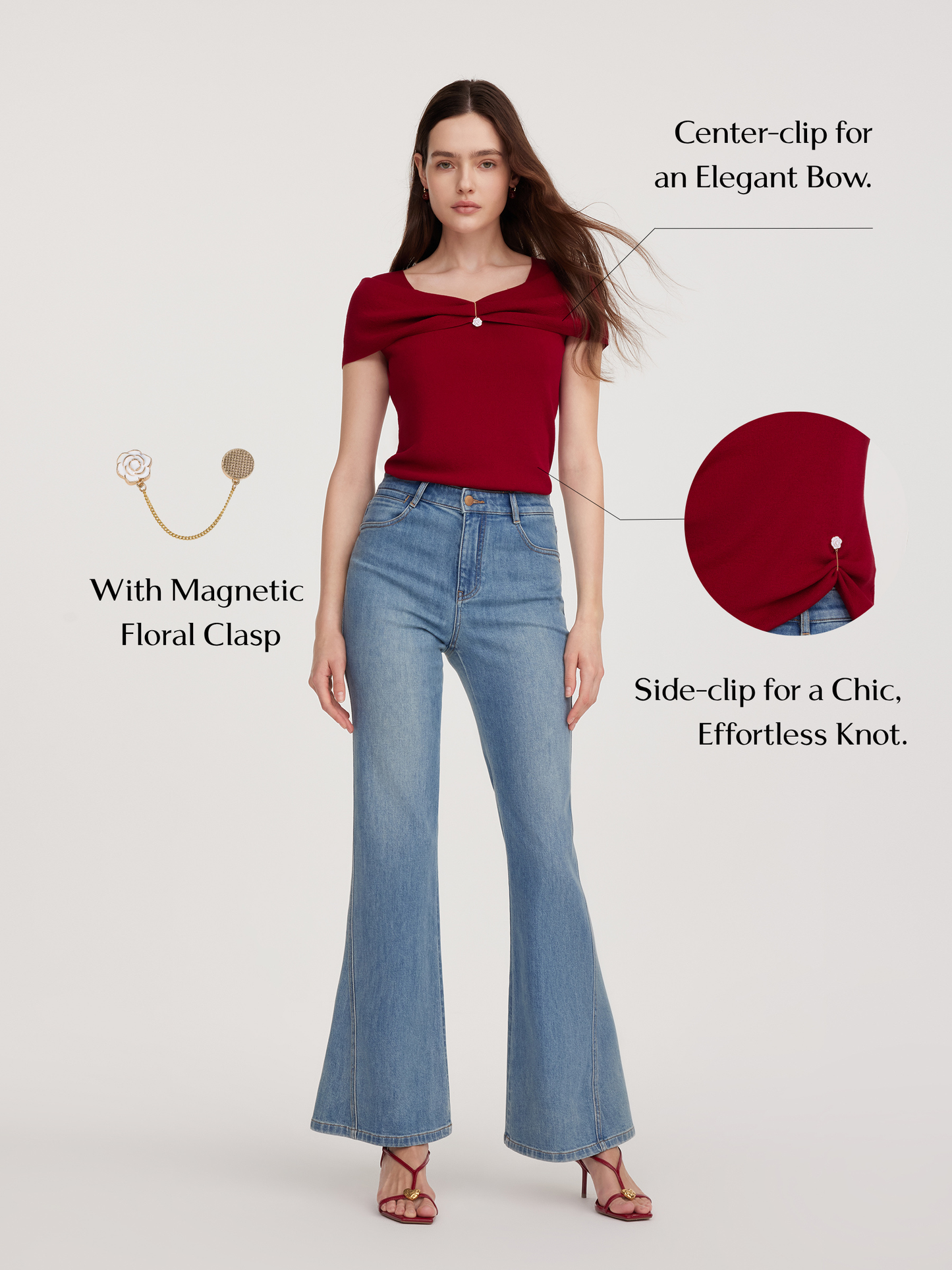 Lyocell Blend Off Shoulder Women Knit Top With Detachable Magnetic Flower