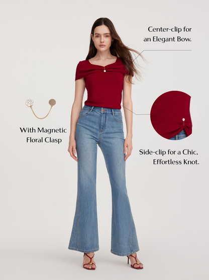 Lyocell Blend Off Shoulder Women Knit Top With Detachable Magnetic Flower