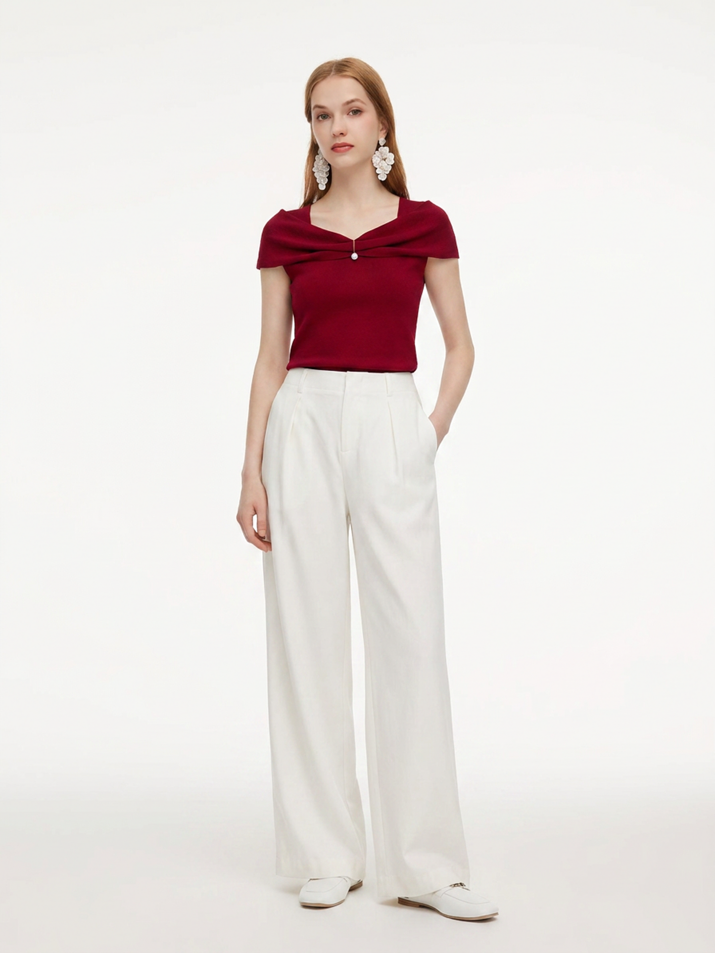 Lyocell Blend Off Shoulder Women Knit Top With Detachable Magnetic Flower