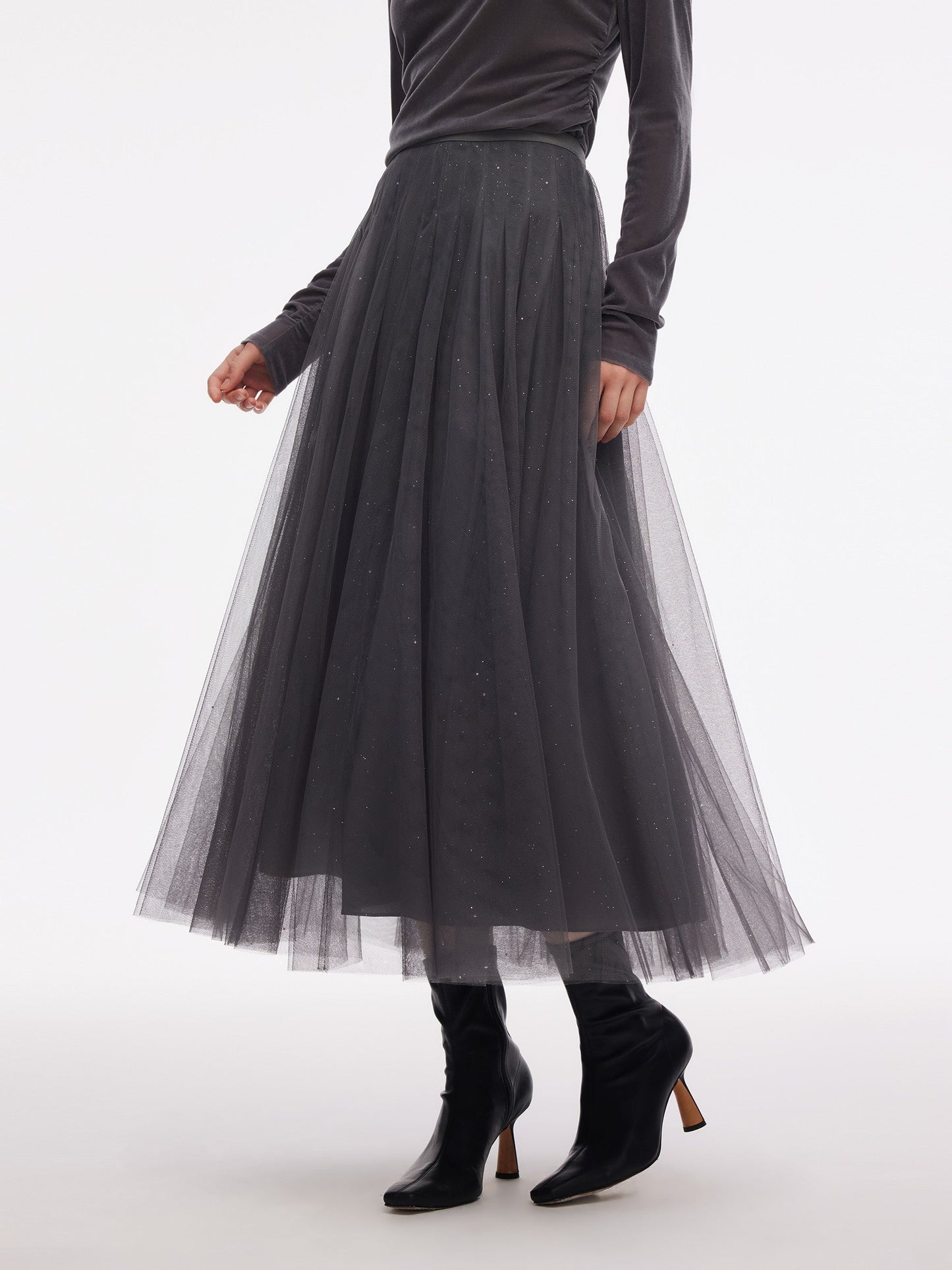 Mesh Elastic Waist Sequins Pleated Women Skirt
