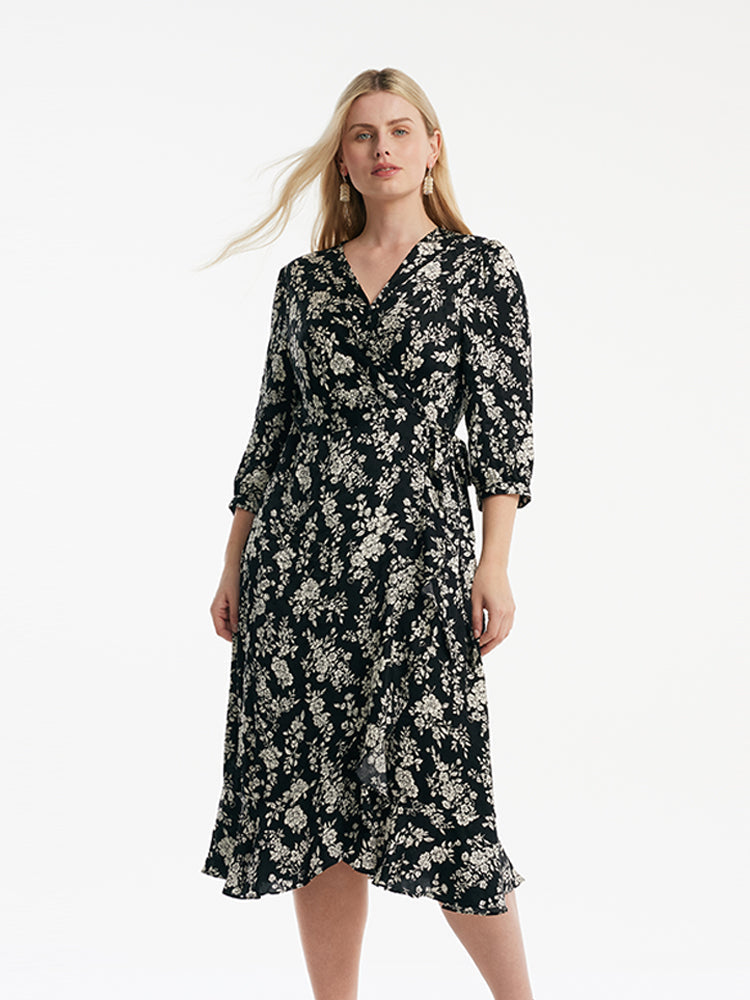 Camellia Print V-Neck Ruffle Hem Women Midi Wrap Dress