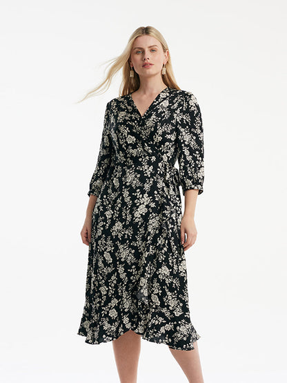 Camellia Print V-Neck Ruffle Hem Women Midi Wrap Dress