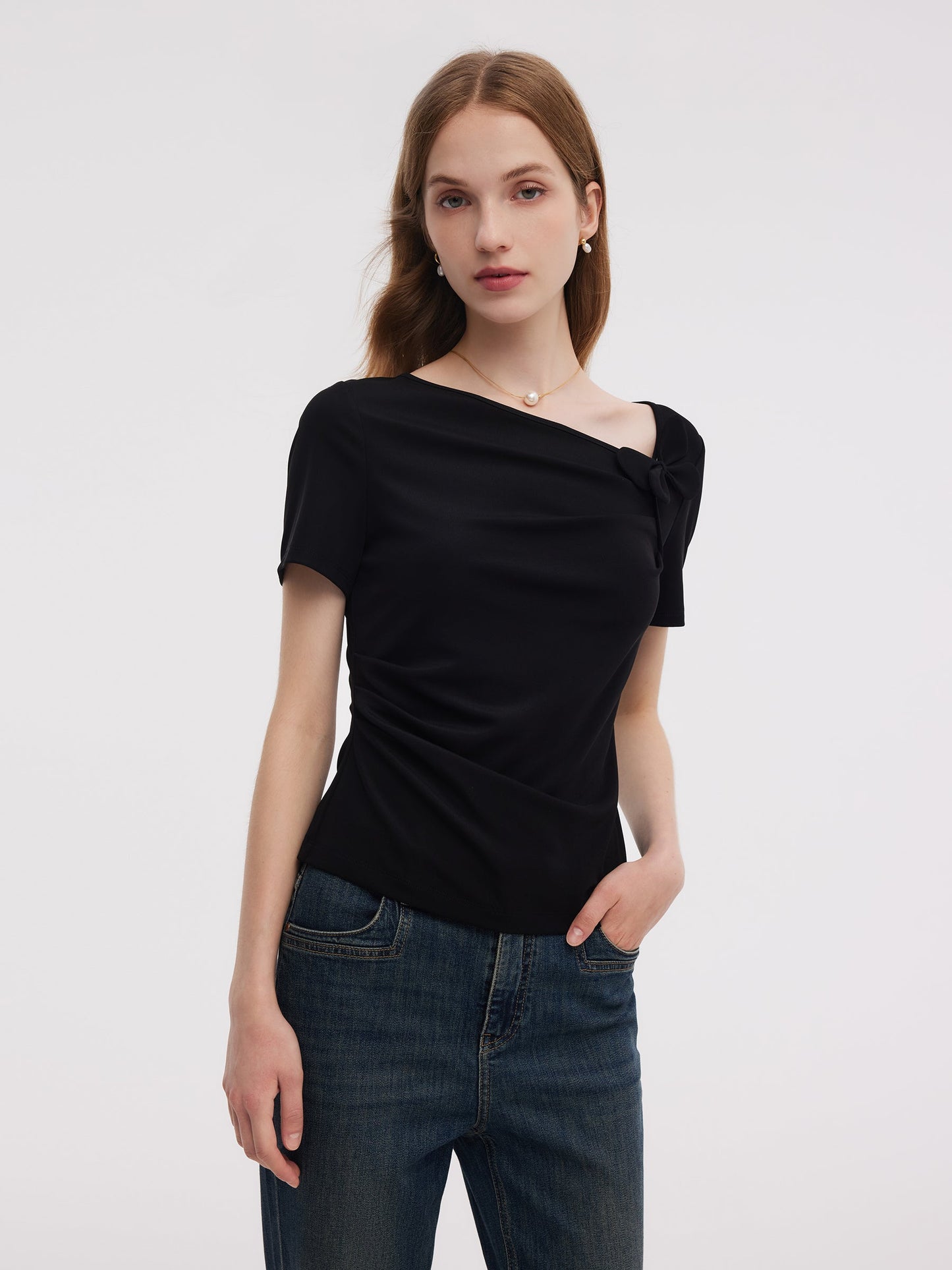 Acetate Blend Asymmetric Neckline Women T-Shirt