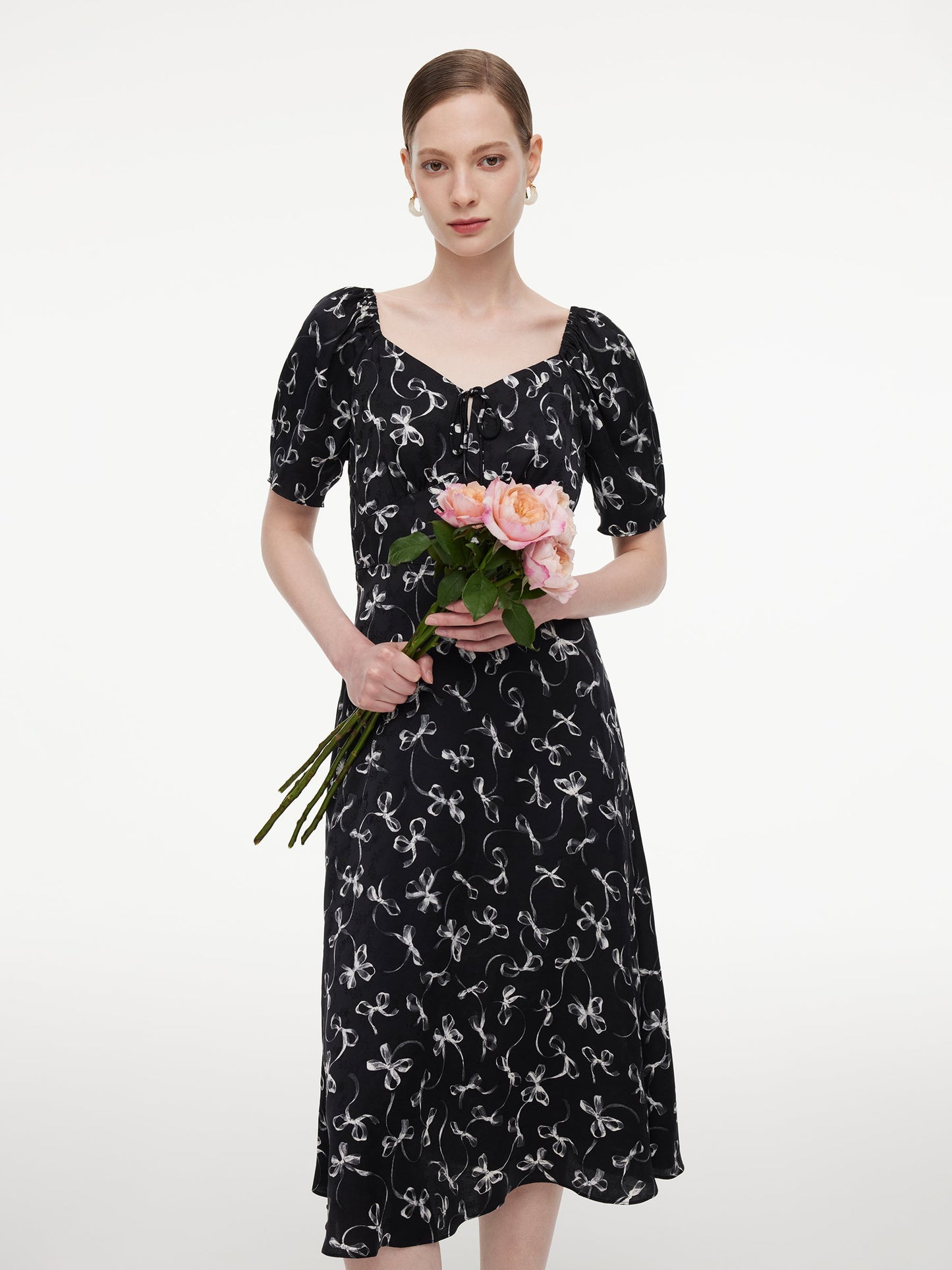 Ribbon Print Puff Sleeve Women Midi Dress