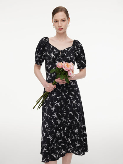 Ribbon Print Puff Sleeve Women Midi Dress